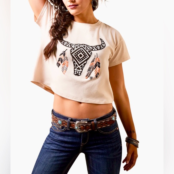 EUC Ariat Relaxed Fit Cropped Longhorn Graphic Tee Sz XL - Picture 2 of 16